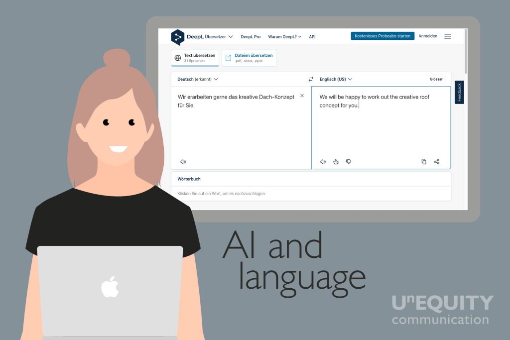 Woman with laptop and screenshot from DeepL translation tool for comparison - AI and language