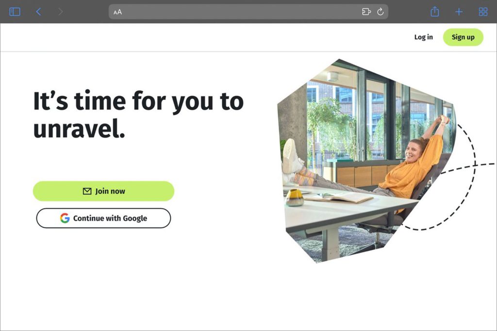 Screenshot from Xing start page. Text "It's time for you to untravel."