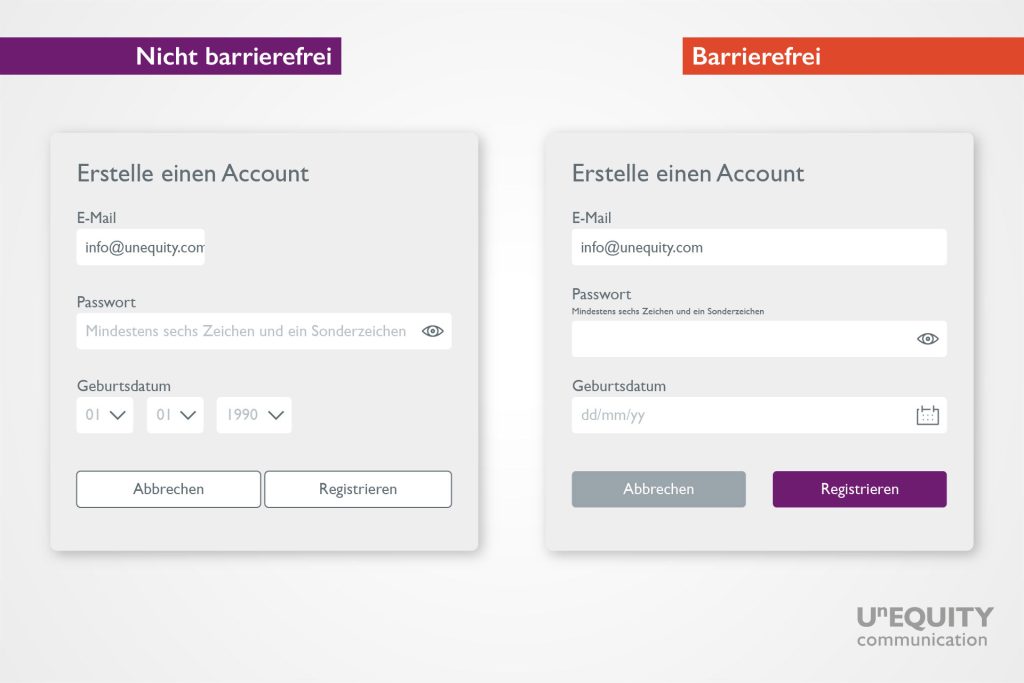 Dieses Bild zeigt zwei unterschiedliche Darstellungen eines Account-Registrierungsformulars im Vergleich. Links die nicht barrierefrei Darstellung: sehr schlicht gehalten, ohne Hervorhebungen. Rechts die barrierefreie Darstellung: farbige Buttons, damit die Wichtigkeit der Call to Action Buttons hervorgehoben ist.