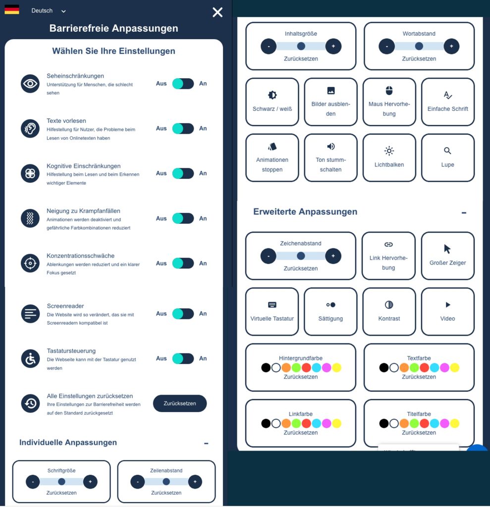 Dargestellt wird das Barrierefrei-Menü eines Tools mit verschiedenen Einstellungsmöglichkeiten für bessere Lesbarkeit von Website-Content.