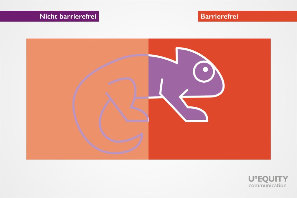 Auf dem Bild ist die Skizze eines Chamäleons zu sehen, links in violett auf orangenem Hintergrund mit niedrigem Kontrast, rechts kontrastreich im violetten Vollton mit weißer Umrandung auf rotem Hintergrund