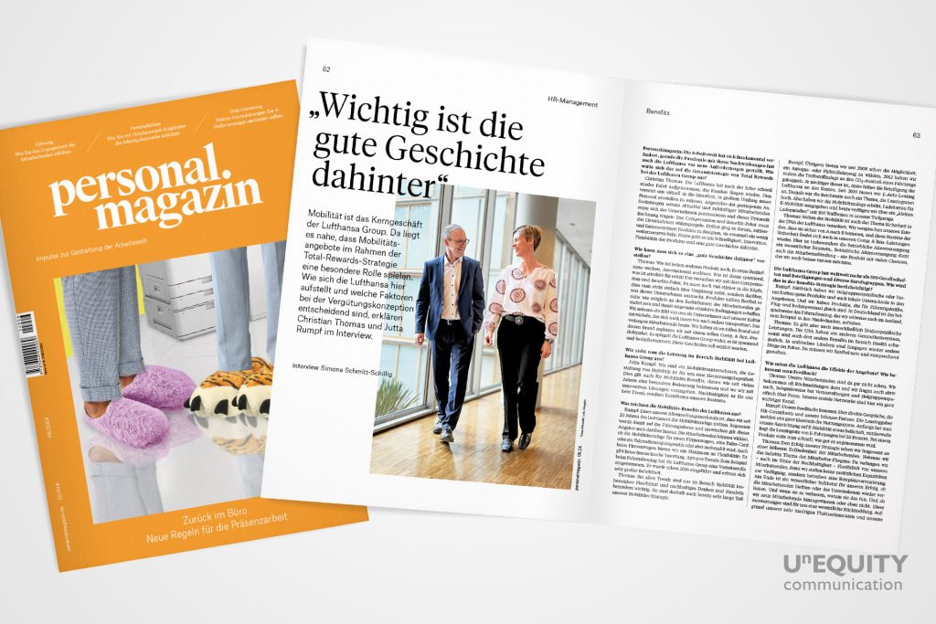 Das Personalmagazin als MockUp mit Cover und Doppelseite des Artikels zum Interview zwischen der Lufthansa Group und Unequity.