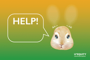 Animiertes Gif mit einem Hasen ohne Ohren. Daneben eine Sprechblase in der Text Text einblendet wird: "Help! Kreativität gefragt. Bis zum 17. März. Mach mit!"